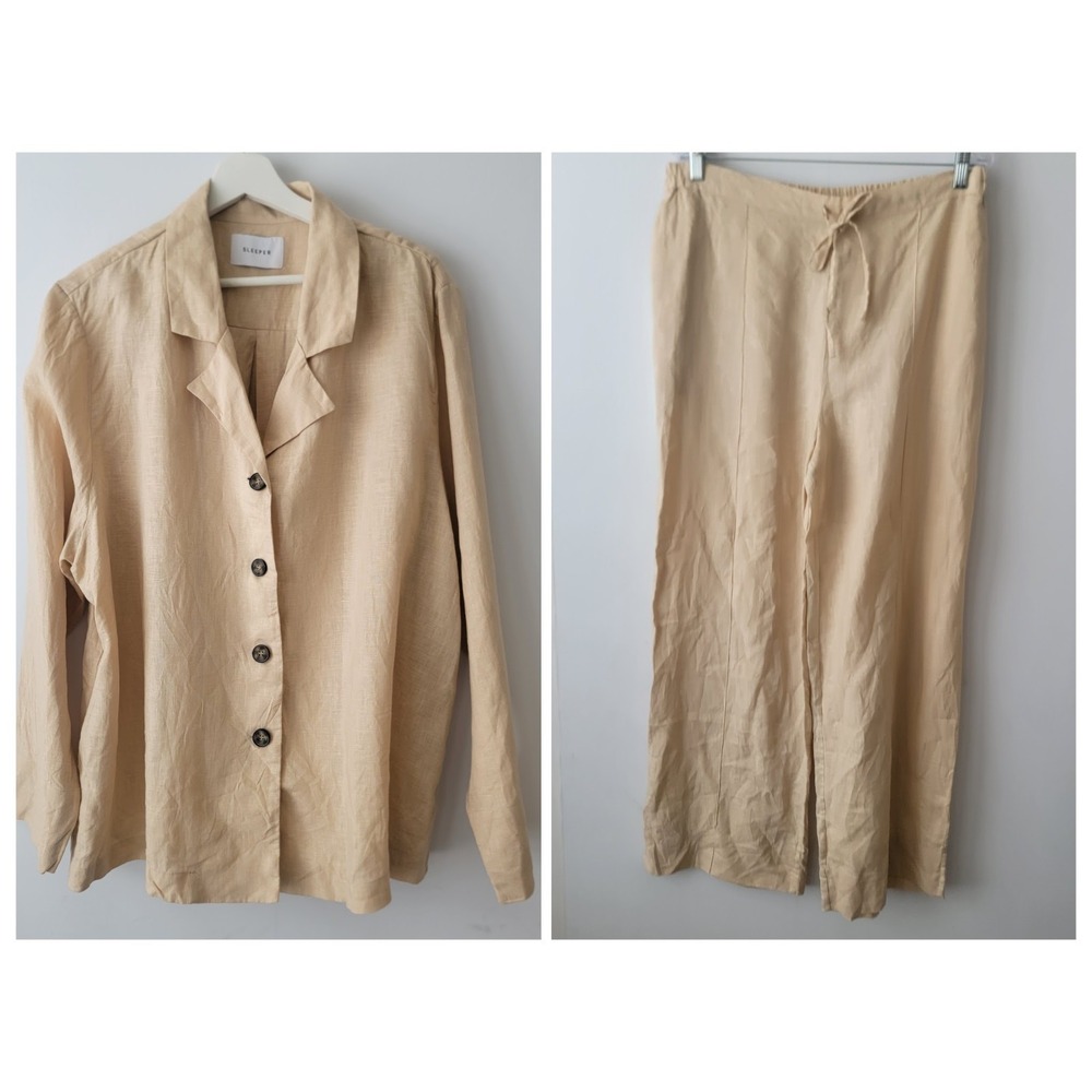 Sleeper women's  Two Piece Linen Pajama Set Top With Pants L/XL One Size 2 Beige